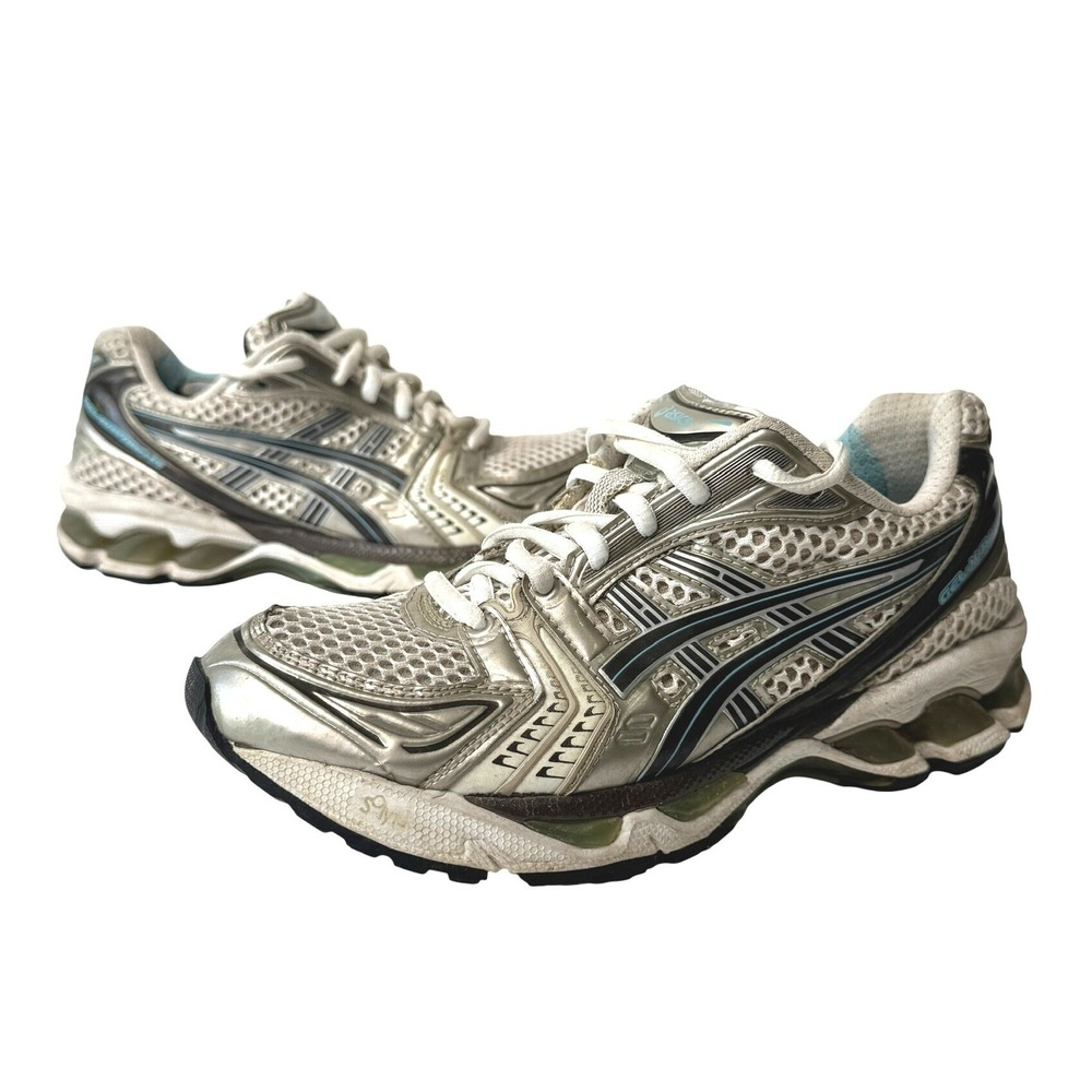 Asics Gel-Kayano 14 Size 7 Metallic Silver Champagne Blue Running Shoes TN851